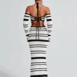 Black and White Crochet Long Sleeve Crop Top With Maxi Skirt Set - Image 2