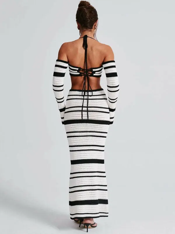 Black and White Crochet Long Sleeve Crop Top With Maxi Skirt Set - Image 2