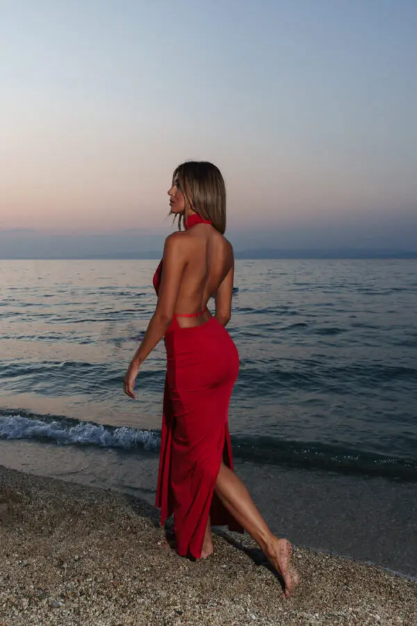 Open Back Maxi Dress With Tie Neck And Straps Waist Detail - Image 9