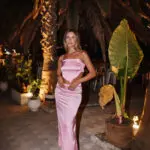 Satin Set Maxi Skirt And Top With Strappy Rhinestone Detail- Pink