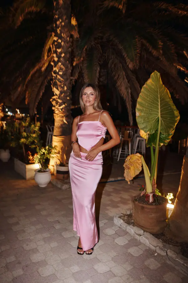 Satin Set Maxi Skirt And Top With Strappy Rhinestone Detail- Pink