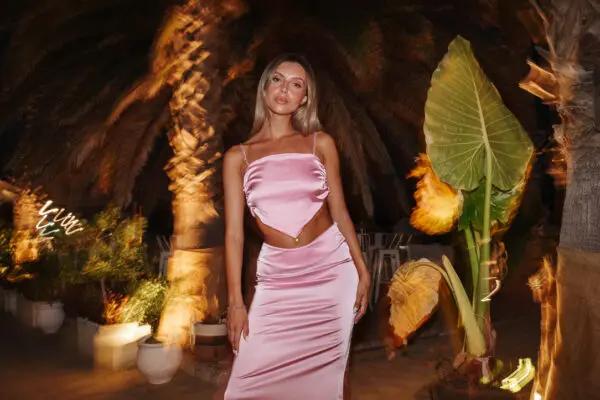 Satin Set Maxi Skirt And Top With Strappy Rhinestone Detail- Pink - Image 2