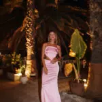 Satin Set Maxi Skirt And Top With Strappy Rhinestone Detail- Pink - Image 6
