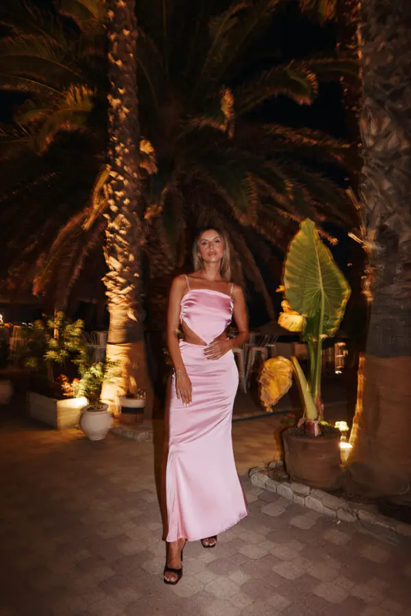 Satin Set Maxi Skirt And Top With Strappy Rhinestone Detail- Pink - Image 6