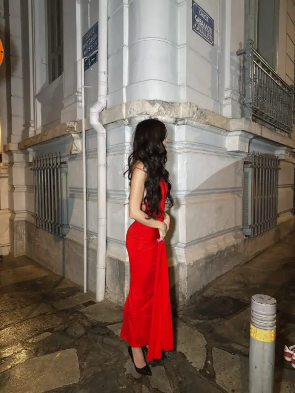 Open Back Maxi Dress With Tie Neck And Straps Waist Detail - Image 5