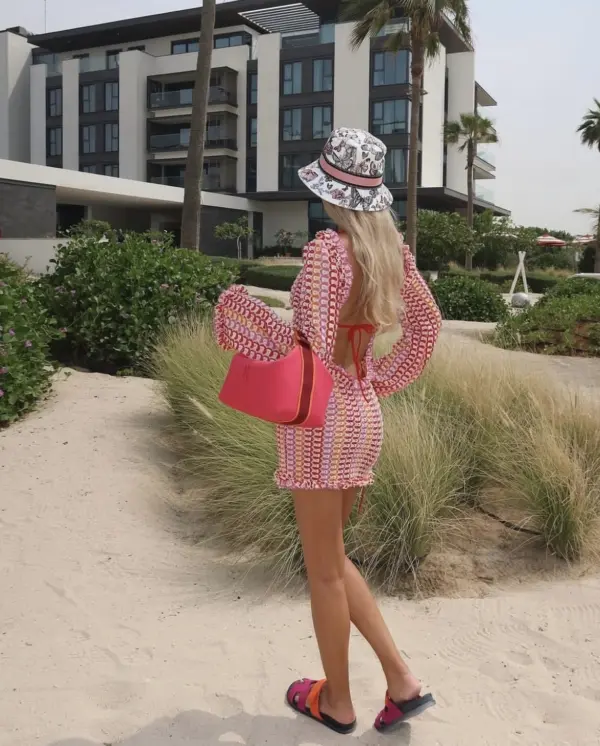 Colorful Crochet Mini Long Sleeve Open Back Dress-Fuchsia - Image 6