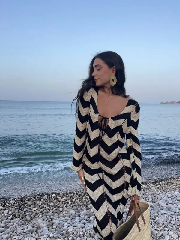 Two-Tone Crochet Maxi Long-Sleeve Kaftan/Dress With Perforated Details-Black - Image 2