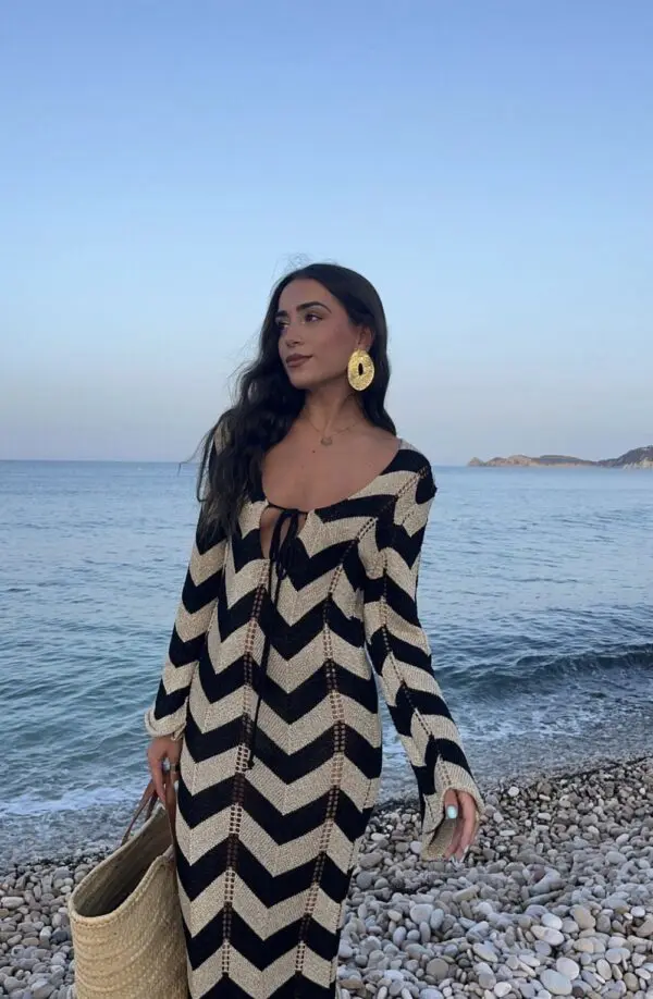 Two-Tone Crochet Maxi Long-Sleeve Kaftan/Dress With Perforated Details-Black