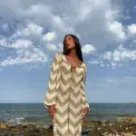 Δίχρωμο Πλεκτό Maxi Μακρυμάνικο Φόρεμα-Καφτάνι Με Διάτρητες Λεπτομέρειες- Μπεζ