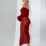 See-Through Maxi Long-Sleeved Dress With Dropped Shoulders -Bordeaux - Image 3
