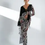 Maxi See-Through Long-Sleeved Dress With Details On The Chest And Sleeves Two Tone