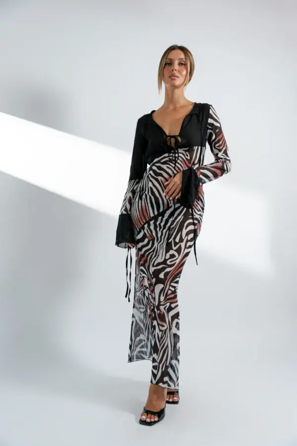 Maxi See-Through Long-Sleeved Dress With Details On The Chest And Sleeves Two Tone