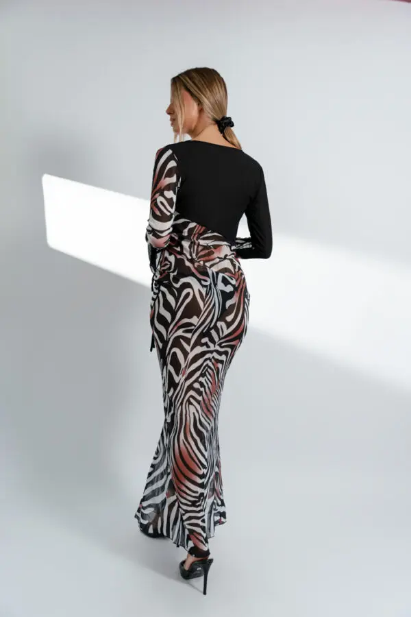 Maxi See-Through Long-Sleeved Dress With Details On The Chest And Sleeves Two Tone - Image 4
