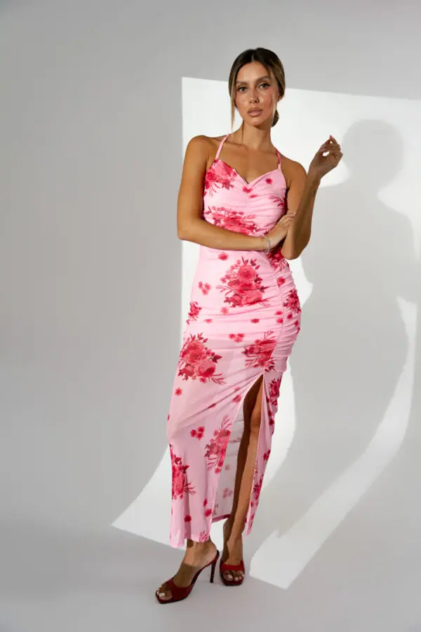Maxi Floral Dress With Straps, Open Back And Tear - Image 2