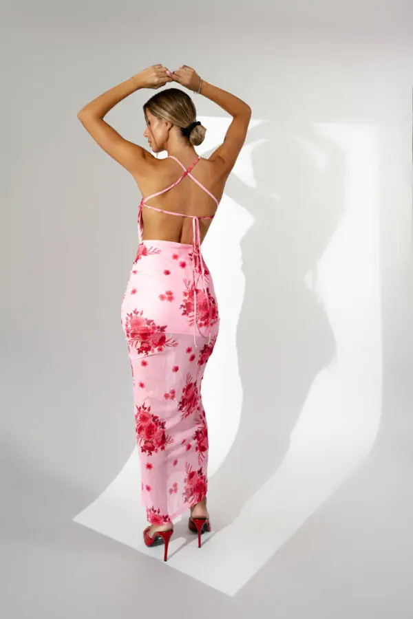 Maxi Floral Dress With Straps, Open Back And Tear - Image 4