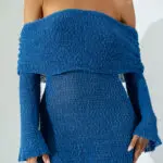 Αραχνοΰφαντο Διάφανο Μακρυμάνικο Mini Φόρεμα Με Κατεβασμένους Ώμους -Μπλε - Image 2