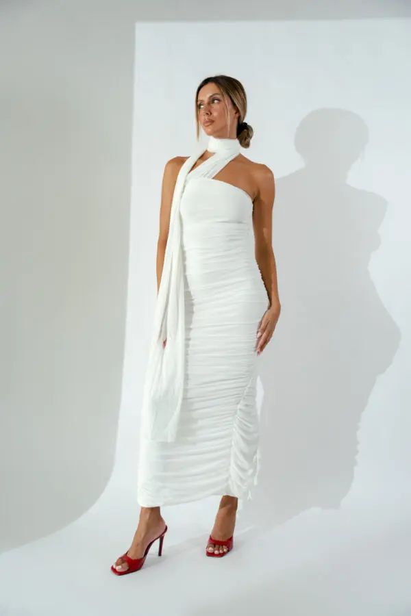 Maxi Draped Strapless Dress With Scarf Detail