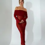 See-Through Maxi Long-Sleeved Dress With Dropped Shoulders -Bordeaux