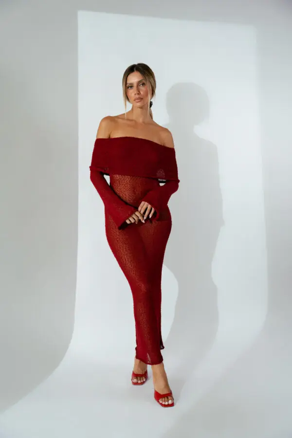 See-Through Maxi Long-Sleeved Dress With Dropped Shoulders -Bordeaux