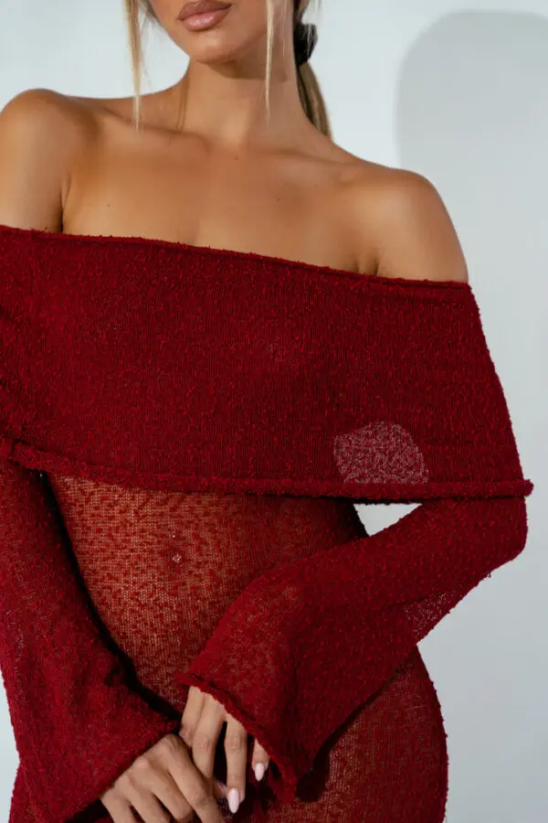 See-Through Maxi Long-Sleeved Dress With Dropped Shoulders -Bordeaux - Image 2
