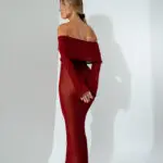 See-Through Maxi Long-Sleeved Dress With Dropped Shoulders -Bordeaux - Image 4