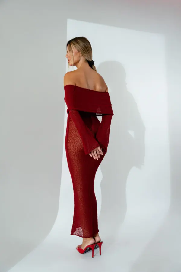 See-Through Maxi Long-Sleeved Dress With Dropped Shoulders -Bordeaux - Image 4