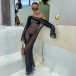 MIMOSA OPEN BACK Sheer Long-Sleeved Maxi Dress With Open Back -Black - Image 3
