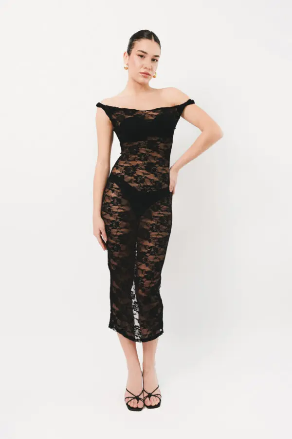 Maxi Sleeveless See Through Dress With Lace And Dropped Strap Detail-Black