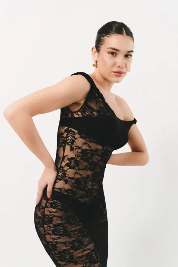 Maxi Sleeveless See Through Dress With Lace And Dropped Strap Detail-Black - Image 3