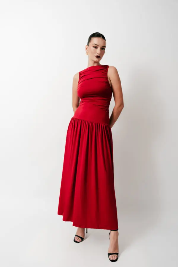 Maxi Sleeveless Dress With Frill On The Chest And Skirt Effect