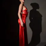Maxi Satin Dress With Open Back And 3D Flower On The Chest - Image 3