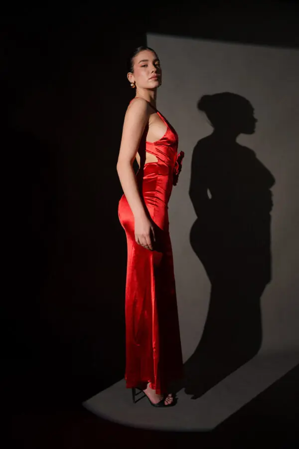 Maxi Satin Dress With Open Back And 3D Flower On The Chest - Image 3