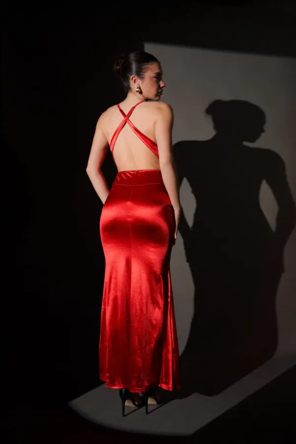 Maxi Satin Dress With Open Back And 3D Flower On The Chest - Image 4