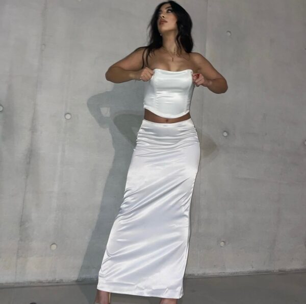 CALL HER AMORE Co-Ord Set – Coset/Top With Maxi Skirt -Satin Texture White