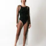 Maxi Long Sleeve Sheer Dress Decorated With Pearls - Image 2