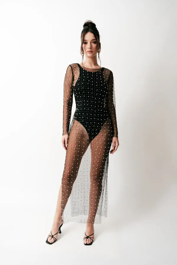 Maxi Long Sleeve Sheer Dress Decorated With Pearls - Image 2