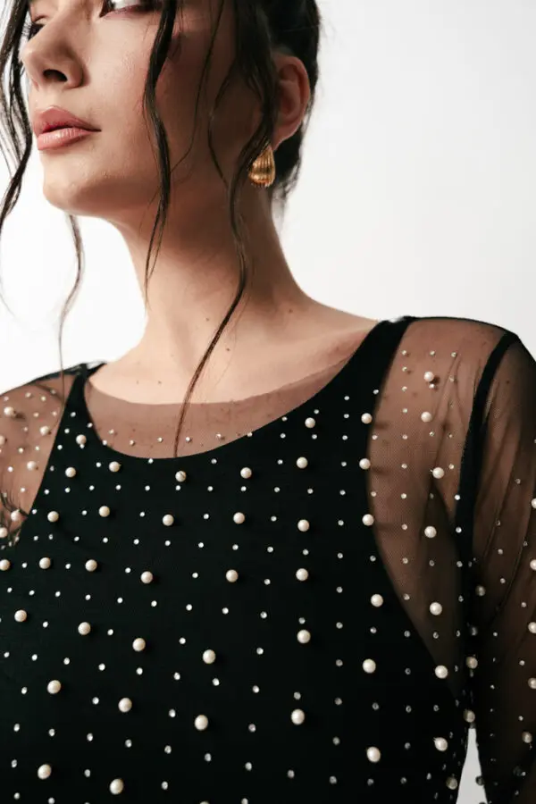 Maxi Long Sleeve Sheer Dress Decorated With Pearls - Image 4