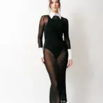 Sheer Long Sleeve Maxi Dress With Collar And Shirt Sleeve Details
