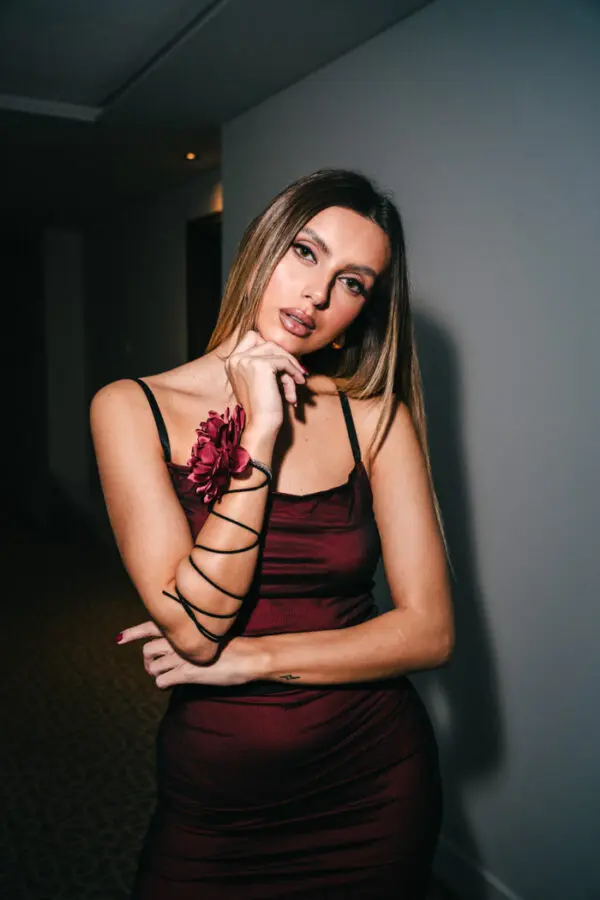 Maxi Draped Tulle Dress With Red Lining And Straps - Image 6