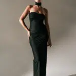 Maxi Strapless Lurex Dress With Drape Details And Chocker Neck- Black - Image 2