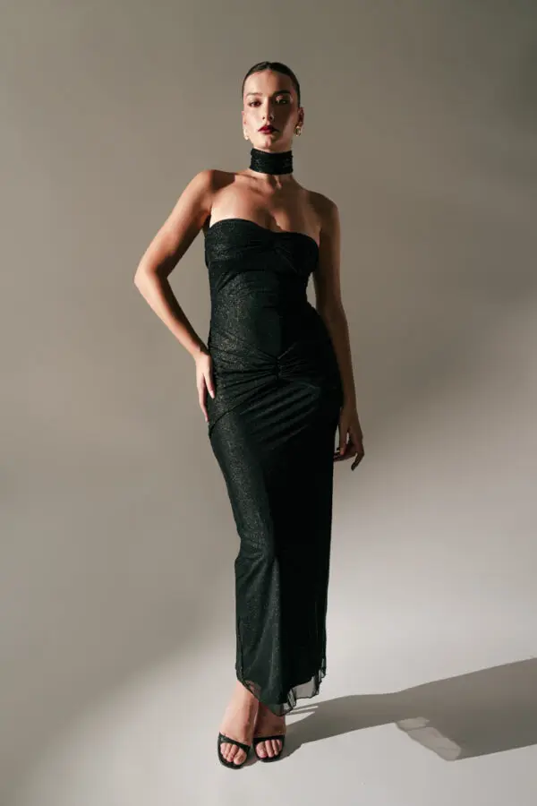 Maxi Strapless Lurex Dress With Drape Details And Chocker Neck- Black - Image 2