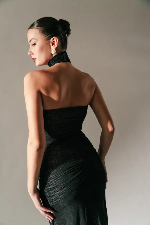 Maxi Strapless Lurex Dress With Drape Details And Chocker Neck- Black - Image 4