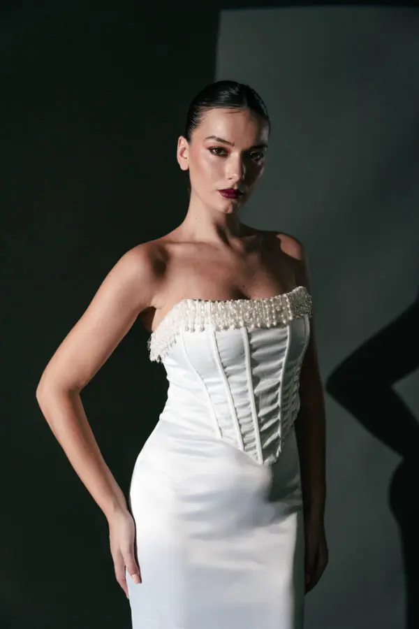 Top Corset Decorated With Pearls And Beads Satin Texture