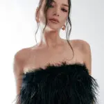 FEATHER TOUCH Strapless Top Decorated With Feathers- Black - Image 2
