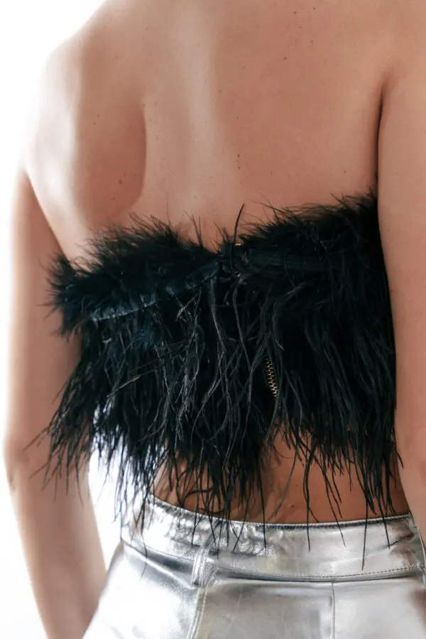 FEATHER TOUCH Strapless Top Decorated With Feathers- Black - Image 3