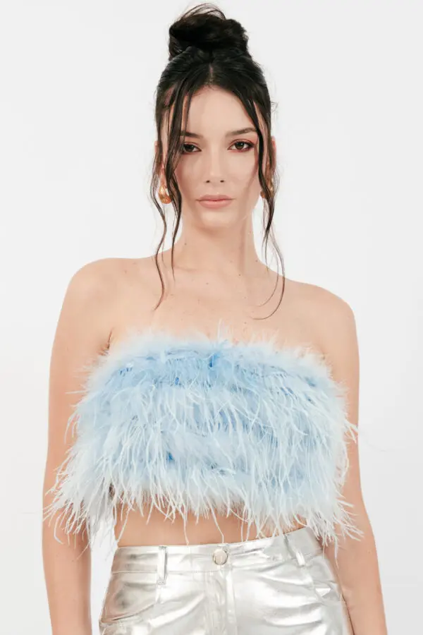 FEATHER TOUCH Strapless Top Decorated With Feathers - Light Blue - Image 2