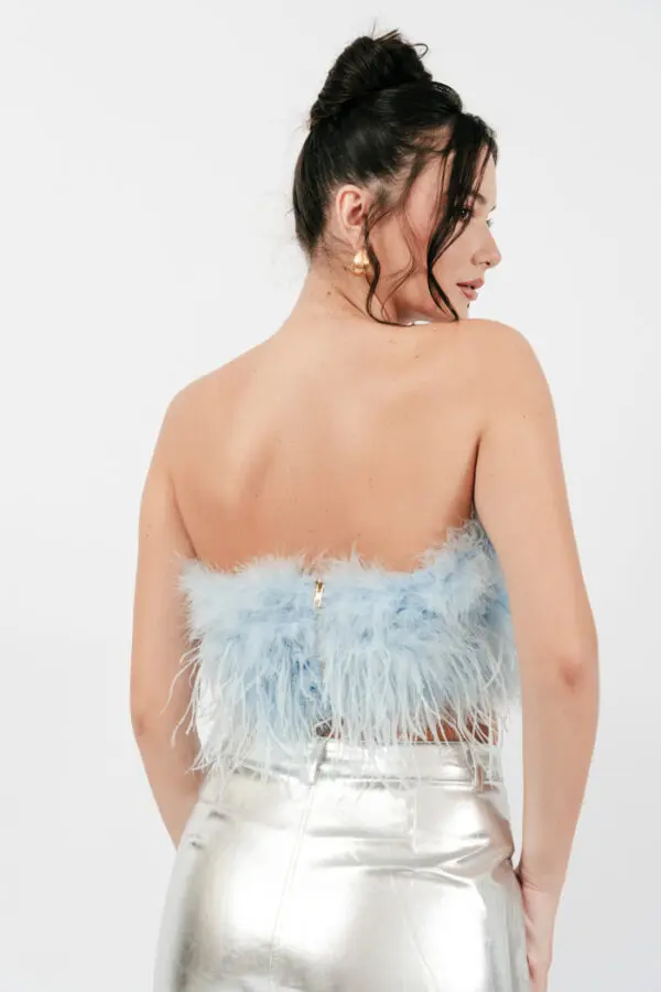 FEATHER TOUCH Strapless Top Decorated With Feathers - Light Blue - Image 3
