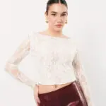 Lace Long Sleeve Crop Top-White - Image 2
