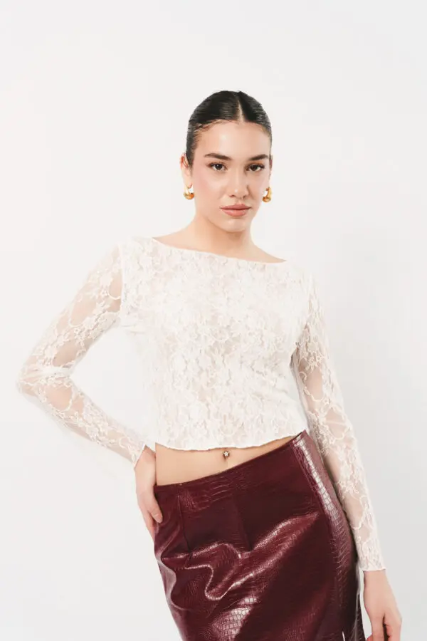 Lace Long Sleeve Crop Top-White - Image 2
