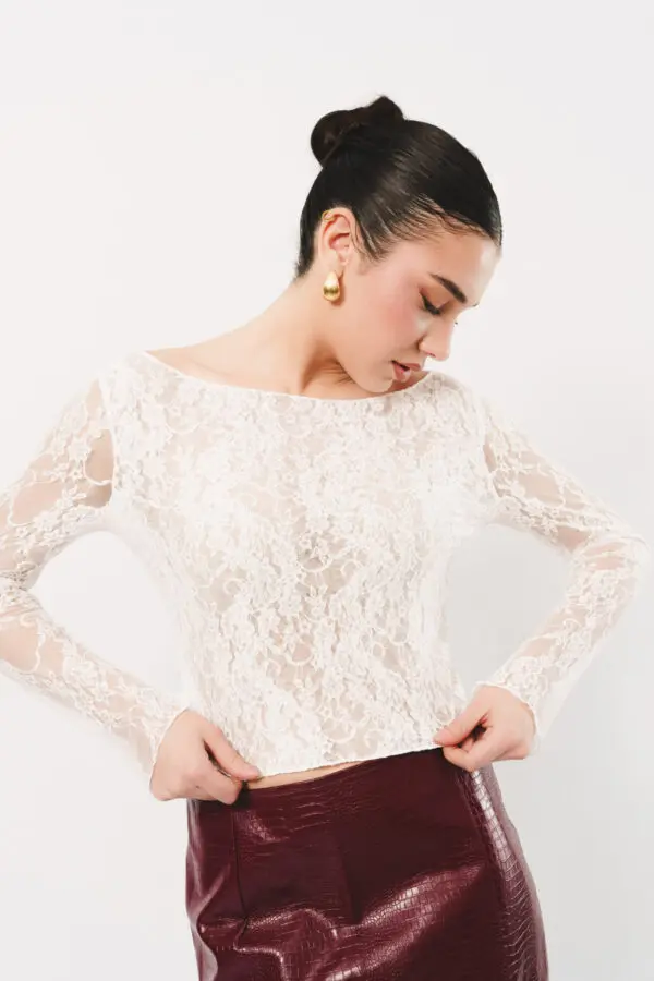 Lace Long Sleeve Crop Top-White